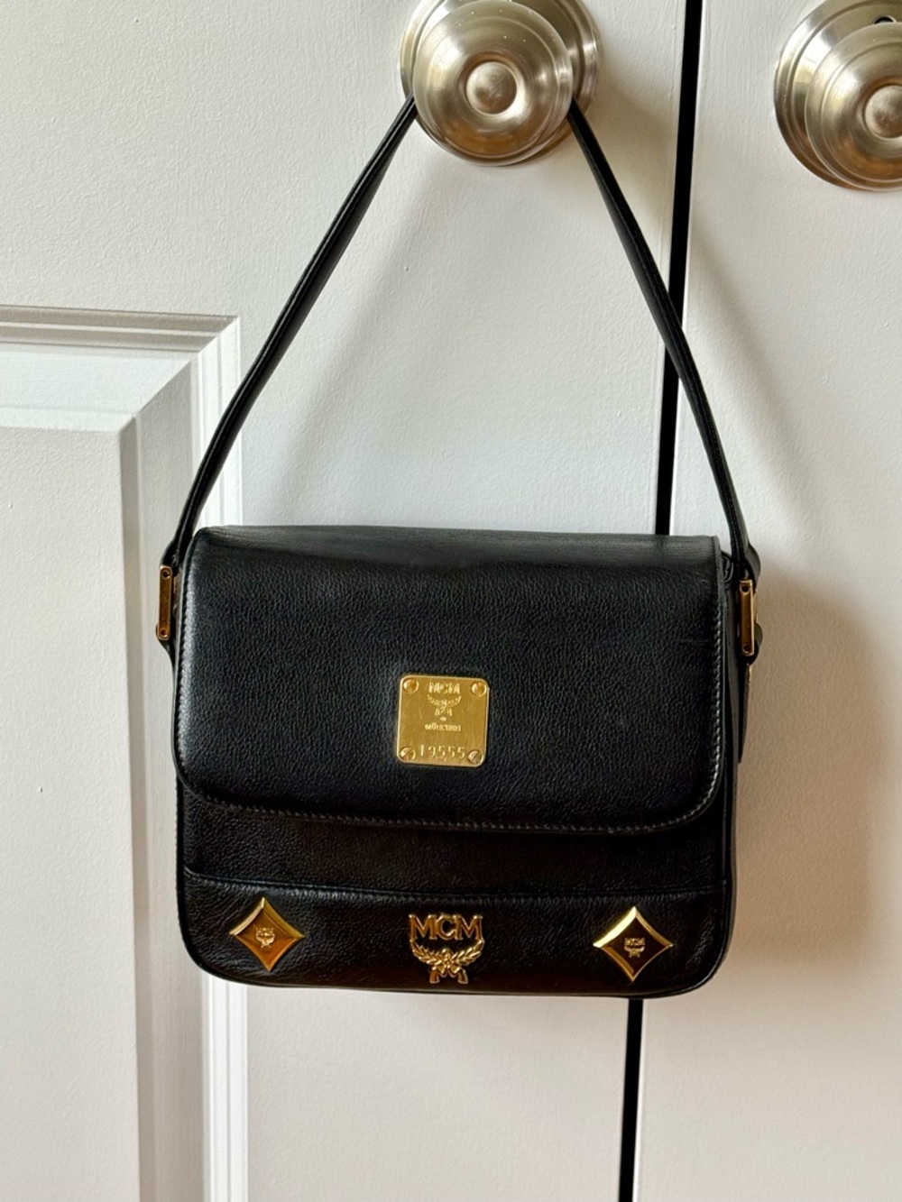 Vintage MCM Hand Bag, Black with Gold Logo Trim, Gorgeous